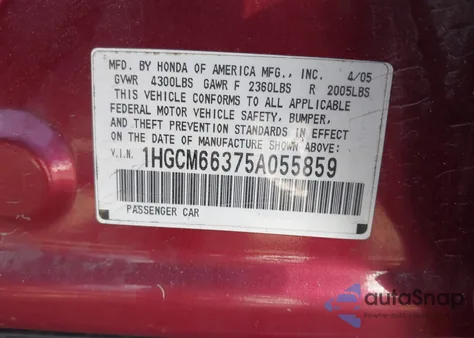 2005 Honda Accord 3.0 Lx from USA, damaged, VIN 1HGCM66375A055859